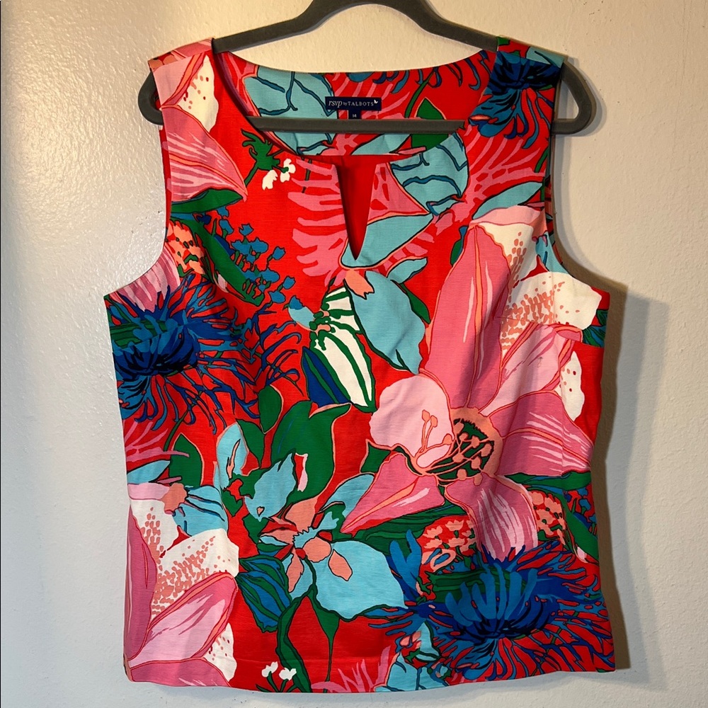 Talbots Red Pink Blue Green Large Floral Sleeveless Notch Neck Top Size 14